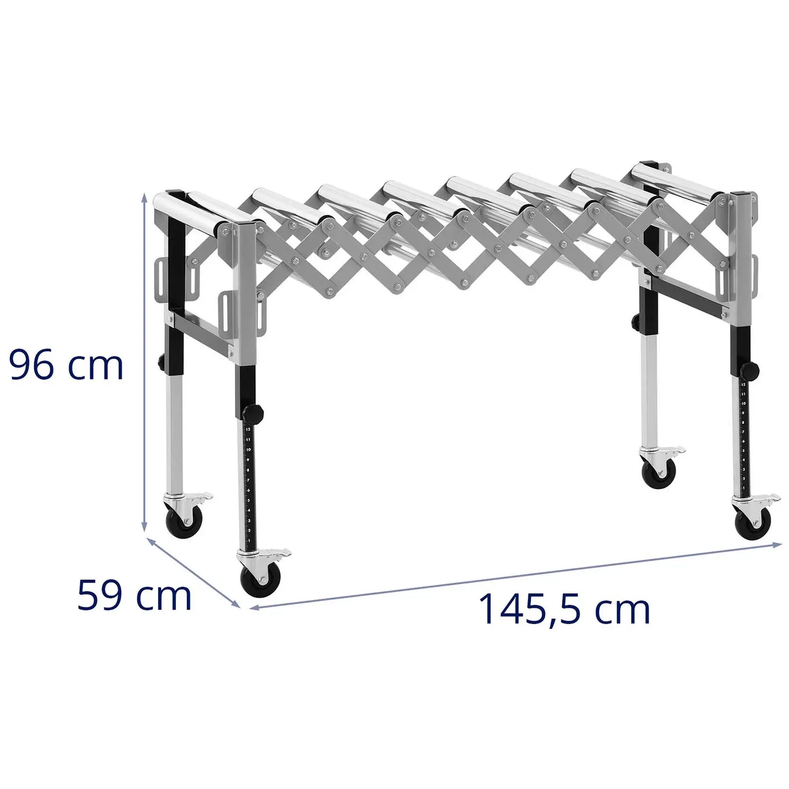 Görgős asztal - 130 kg - 147 cm - 9 görgő - állítható magasságú - összecsukható