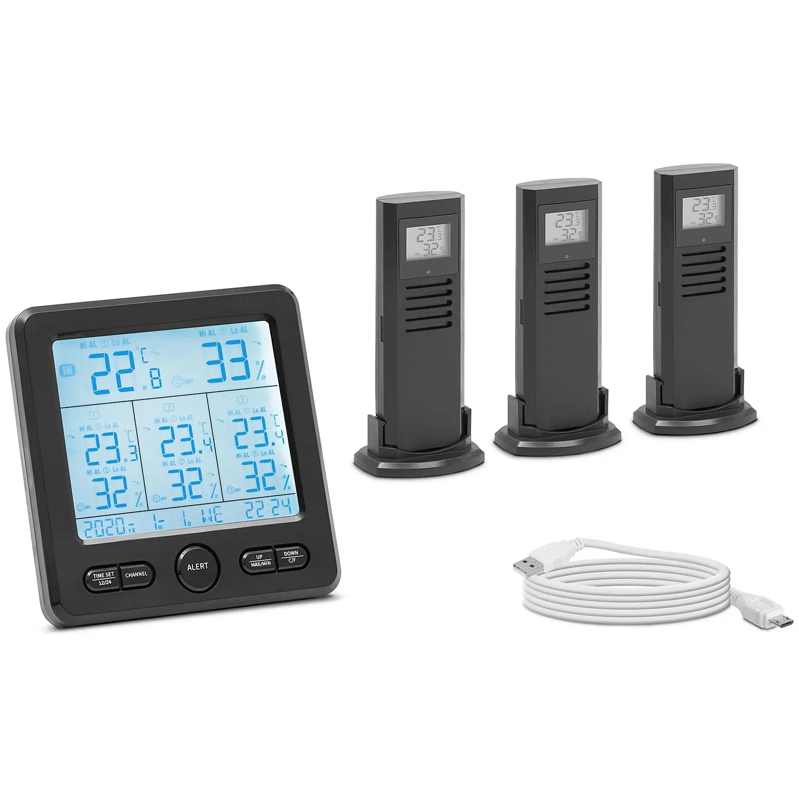 Szobahőmérő állomás - vezeték nélküli - LCD - 3 érzékelő