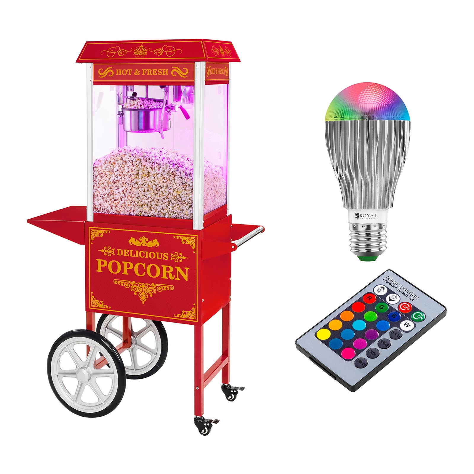 Popcorn készítő gép kocsival és LED világítással - Retro-Design - piros