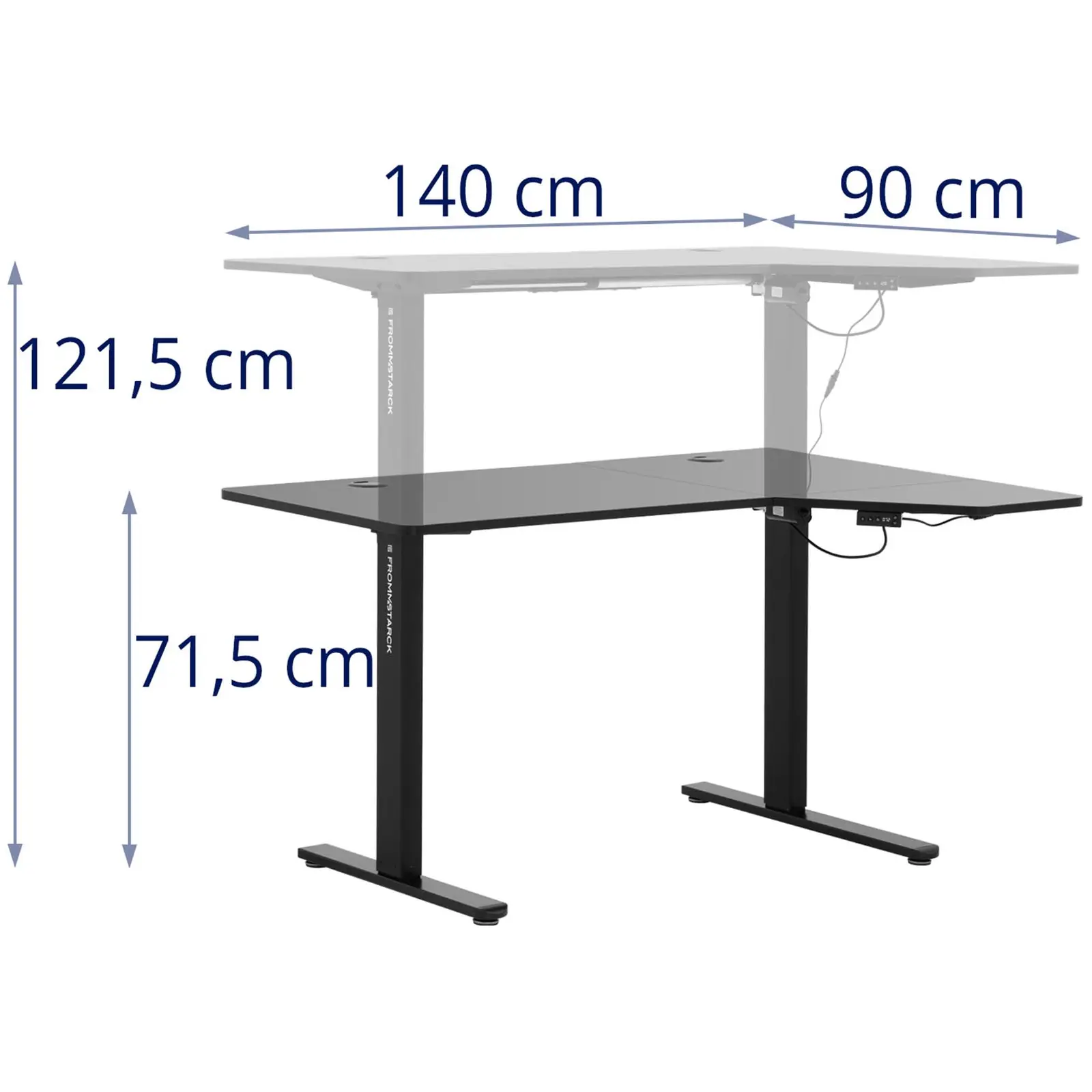 Állítható magasságú sarokíróasztal - 720–1200 mm - 80 kg - fekete