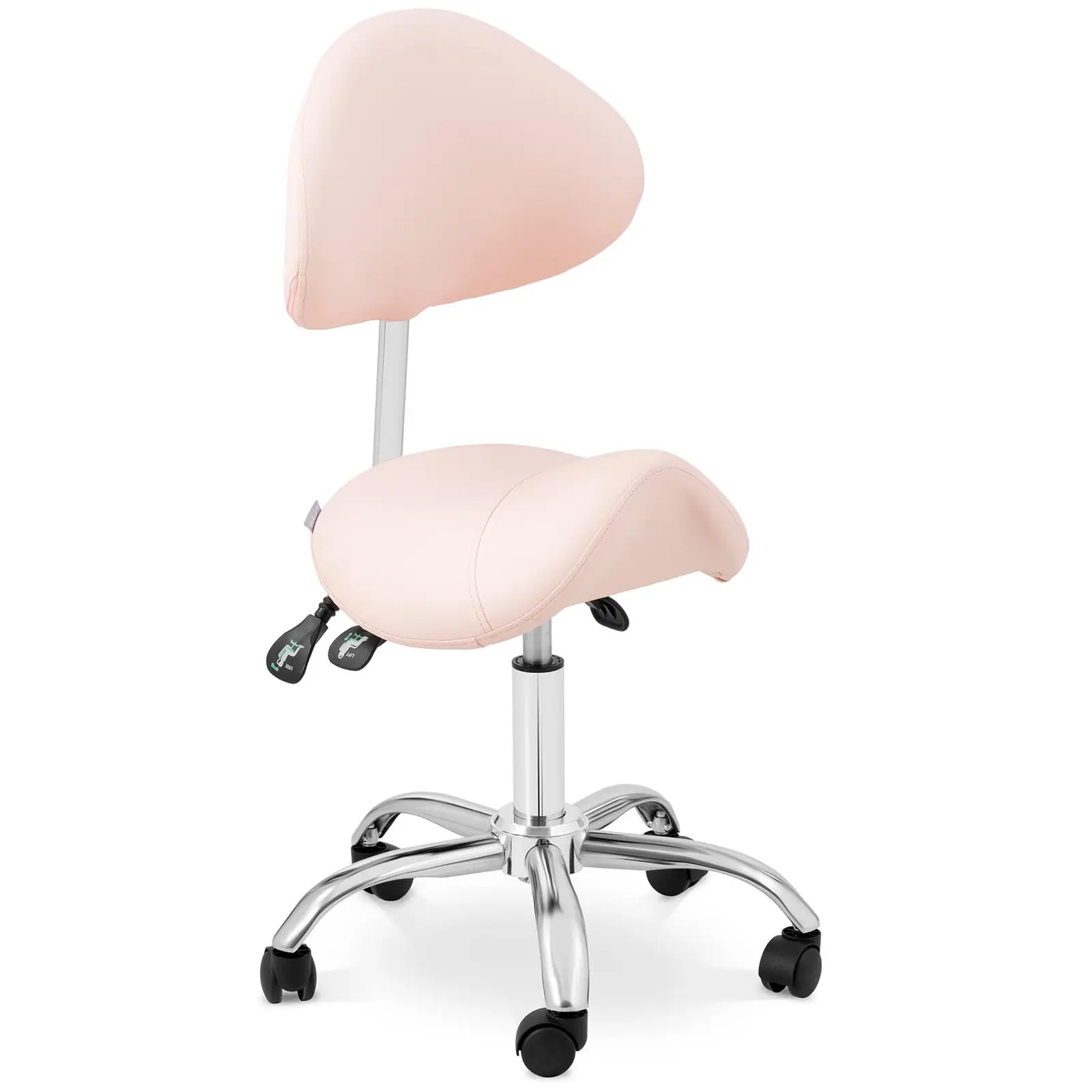 Nyeregszék - állítható magasságú háttámla és ülés - 55–69 cm - 150 kg - Rózsaszín, Ezüst
