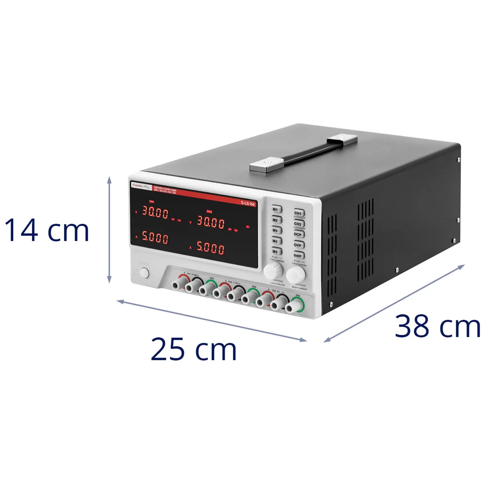 Labor tápegység - 0–30 V - 0–5 A DC - 2 x 150 W + 15 W - 5 memóriahely - LED kijelző - USB/RS232