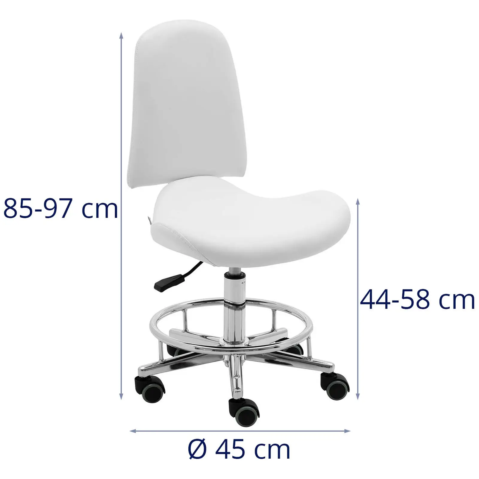 Gurulós szék háttámlával - 44–58 cm - 150 kg - fehér